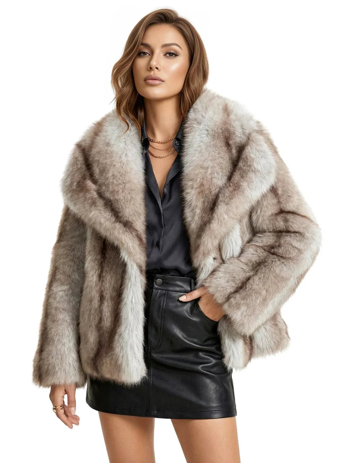 Woman wearing a faux fur coat on a white background
