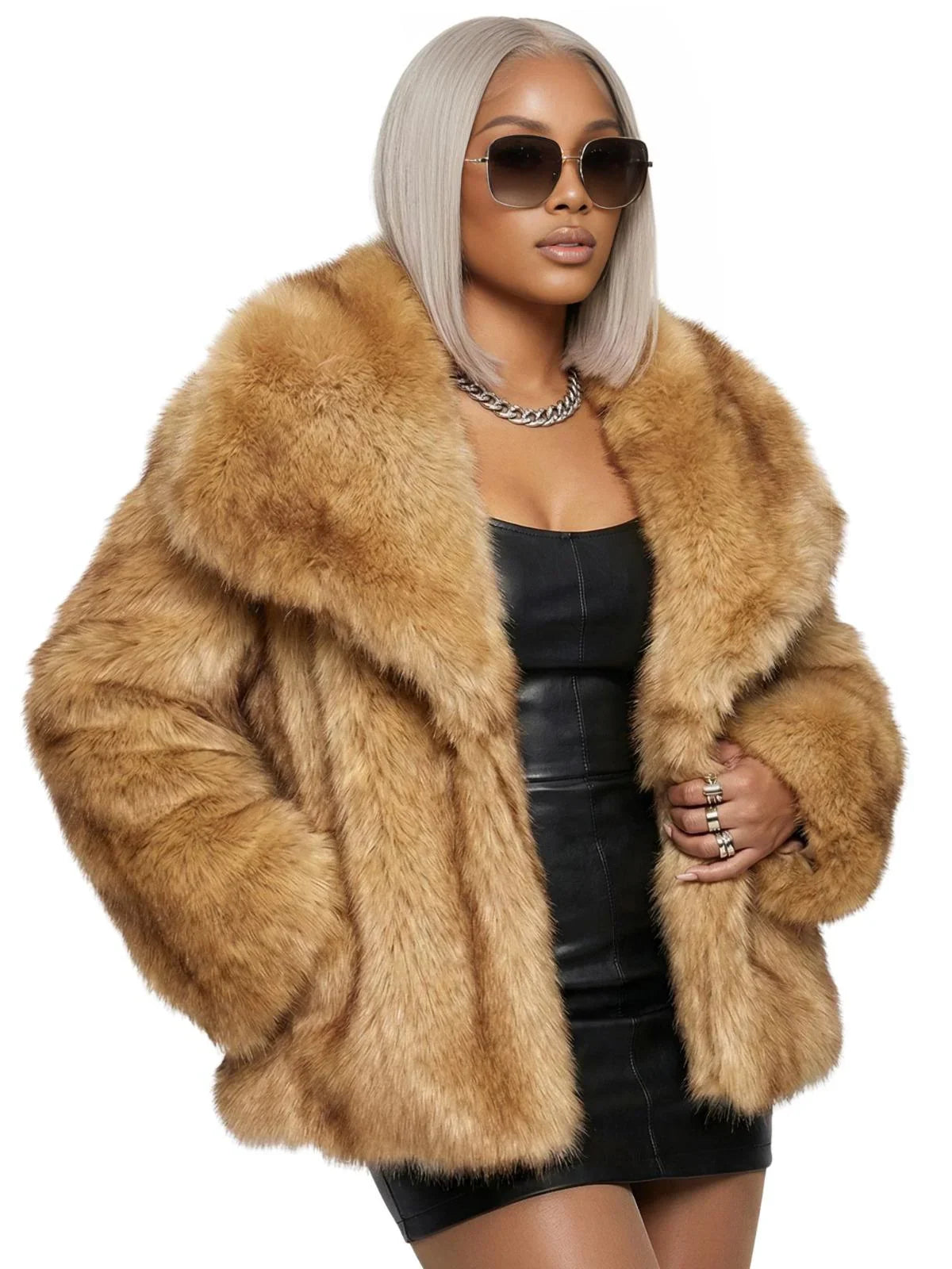 Woman wearing a camel colored faux fur coat and sunglasses on a white background