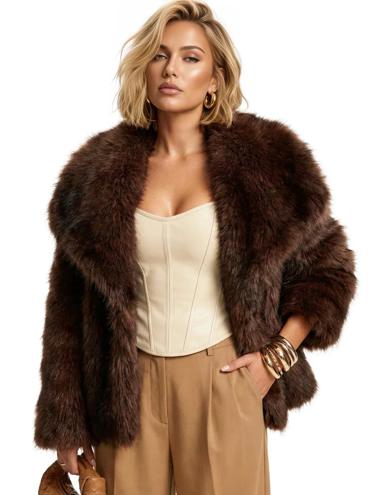 Woman wearing a dark brown faux fur coat over a beige top and pants on a white background