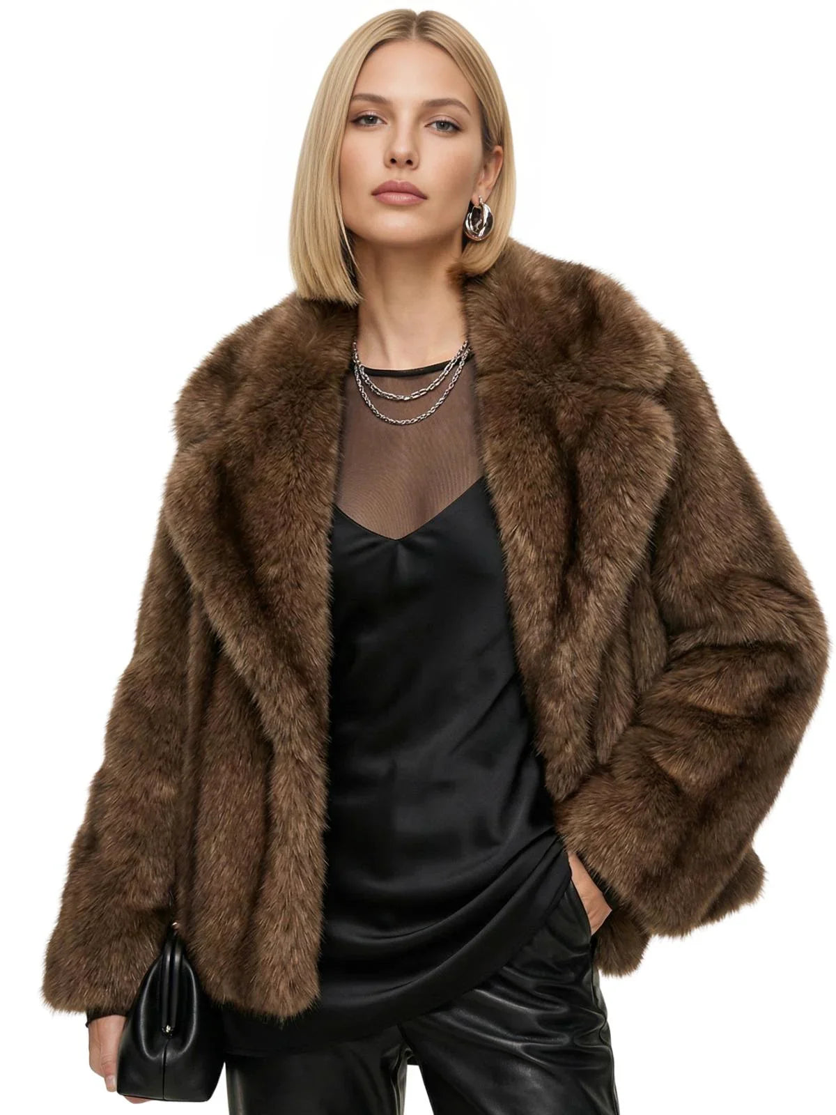 Woman wearing a brown faux fur coat on a white background