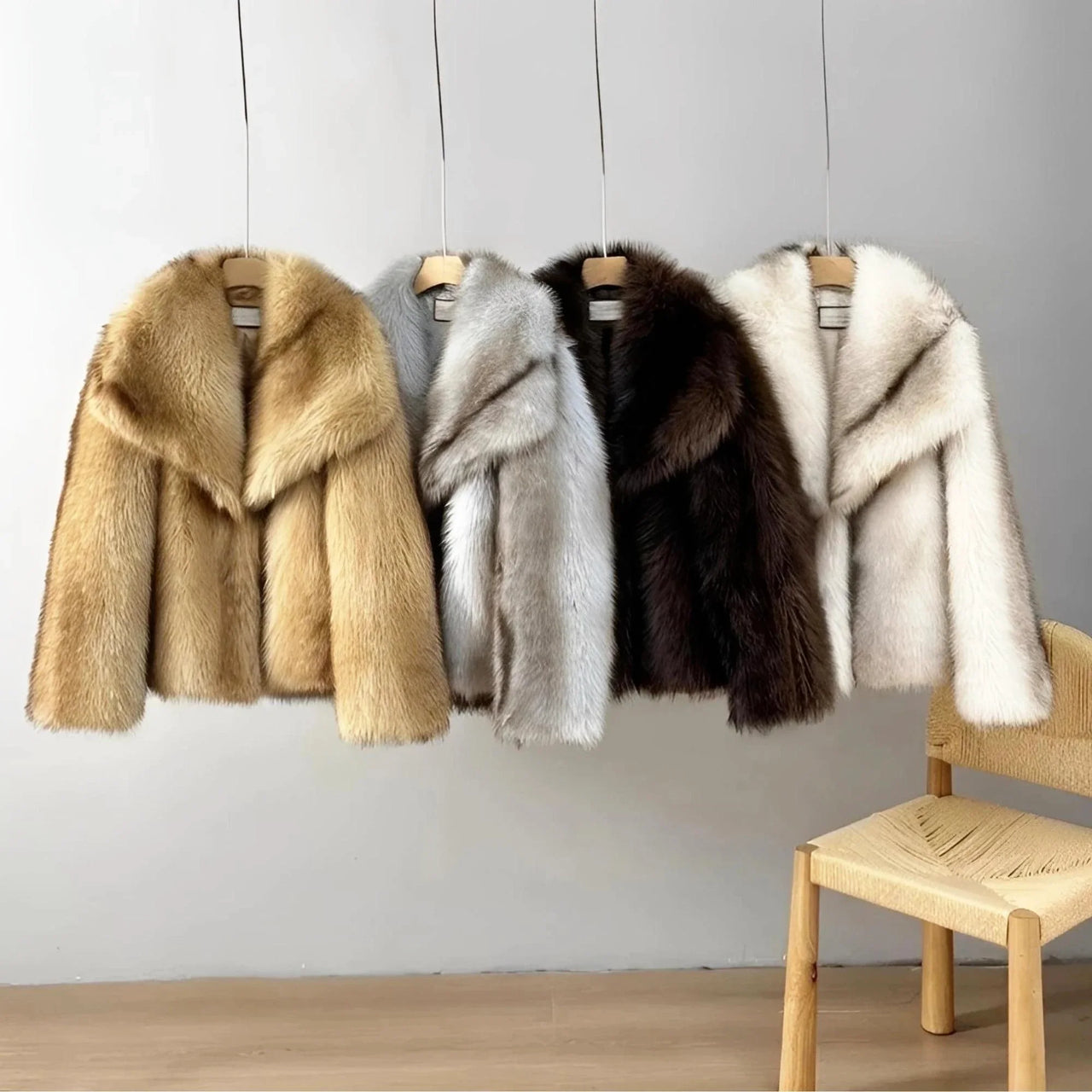 Four fur coats in different colors hanging on a wall with a wooden chair below.