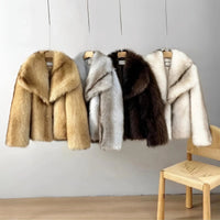 Thumbnail for Four fur coats in different colors hanging on a wall with a wooden chair below.