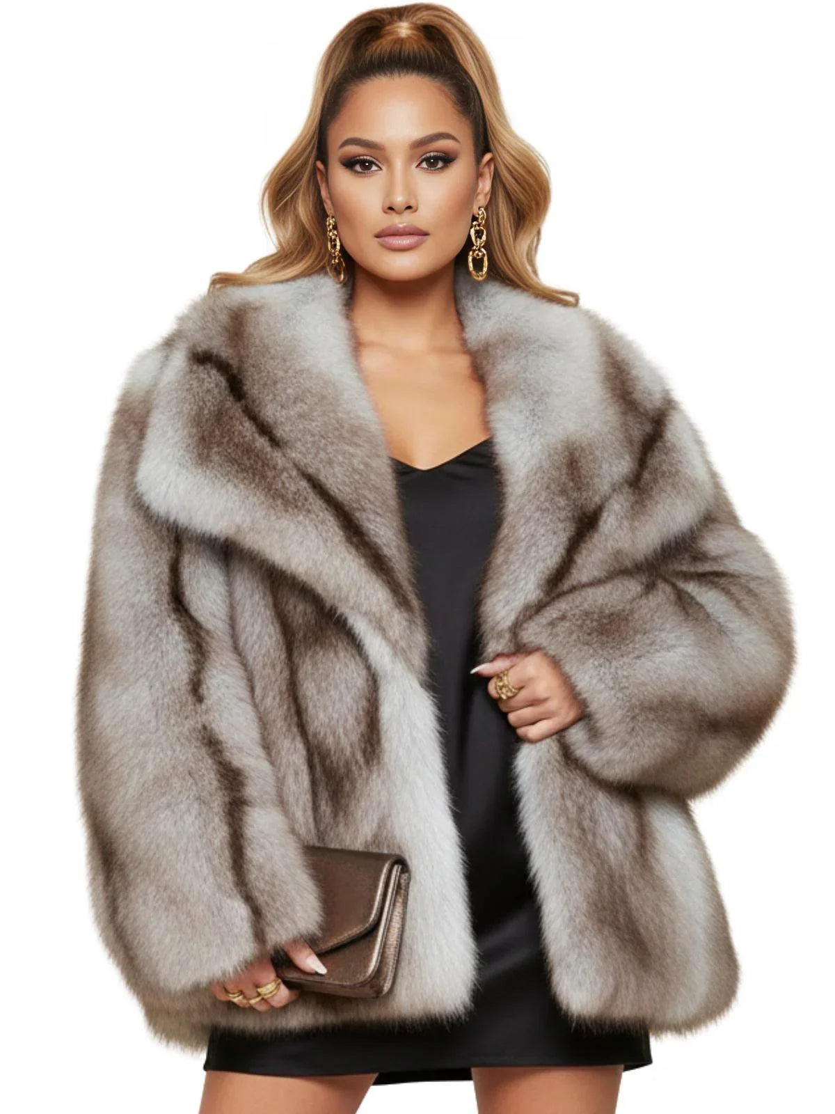 Woman wearing a light blue striped faux fur coat on a white background