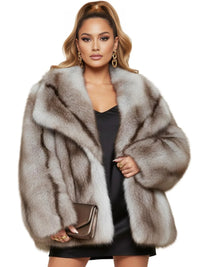 Thumbnail for Woman wearing a light blue striped faux fur coat on a white background