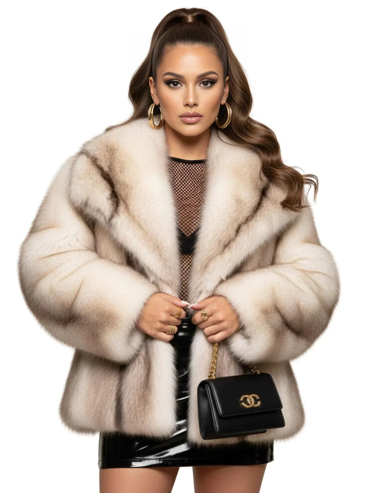 Woman wearing a white striped faux fur coat with a black handbag on a white background