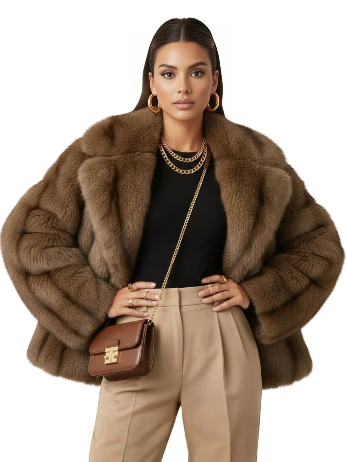 Woman wearing a brown faux fur coat with a matching handbag on a white background