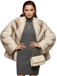 Thumbnail for Woman wearing a white striped faux fur coat and holding a handbag on a white background