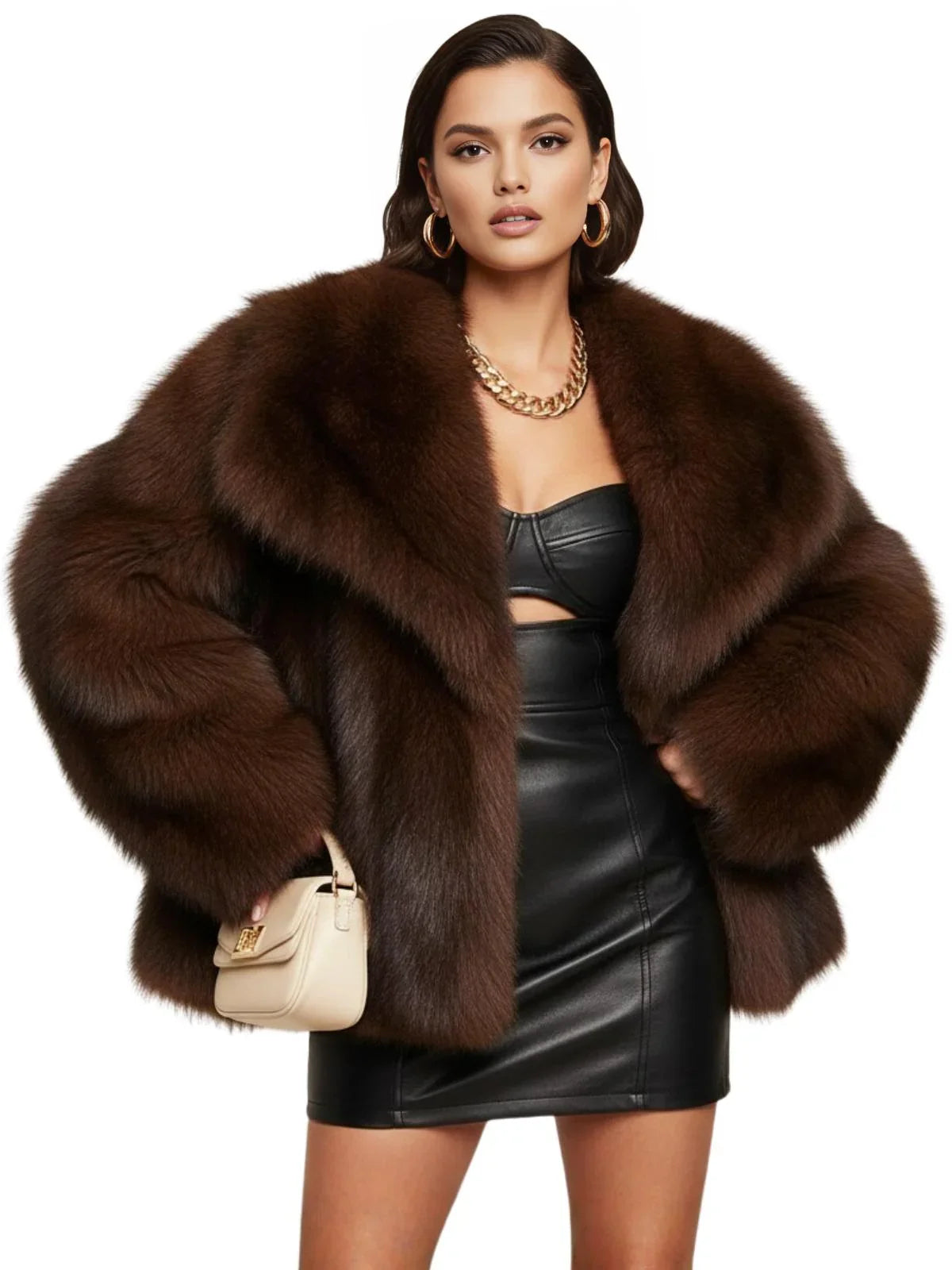 Woman wearing a dark brown faux fur coat and black leather outfit on a white background