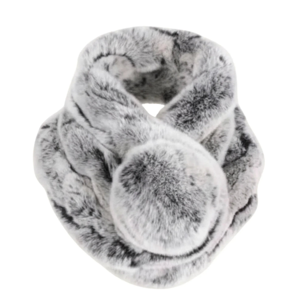 Grey rabbit fur scarf with pom-pom on a white background