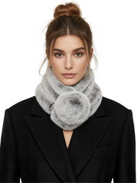 Thumbnail for Woman wearing a grey rabbit fur scarf with pom-poms on a white background