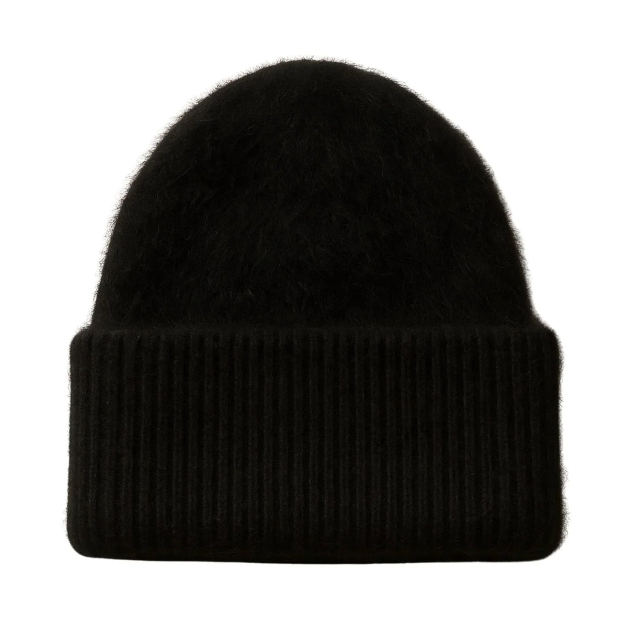 Black rabbit fur beanie hat on a white background
