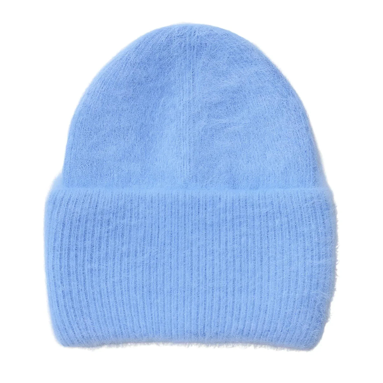 Light blue rabbit fur beanie on a white background