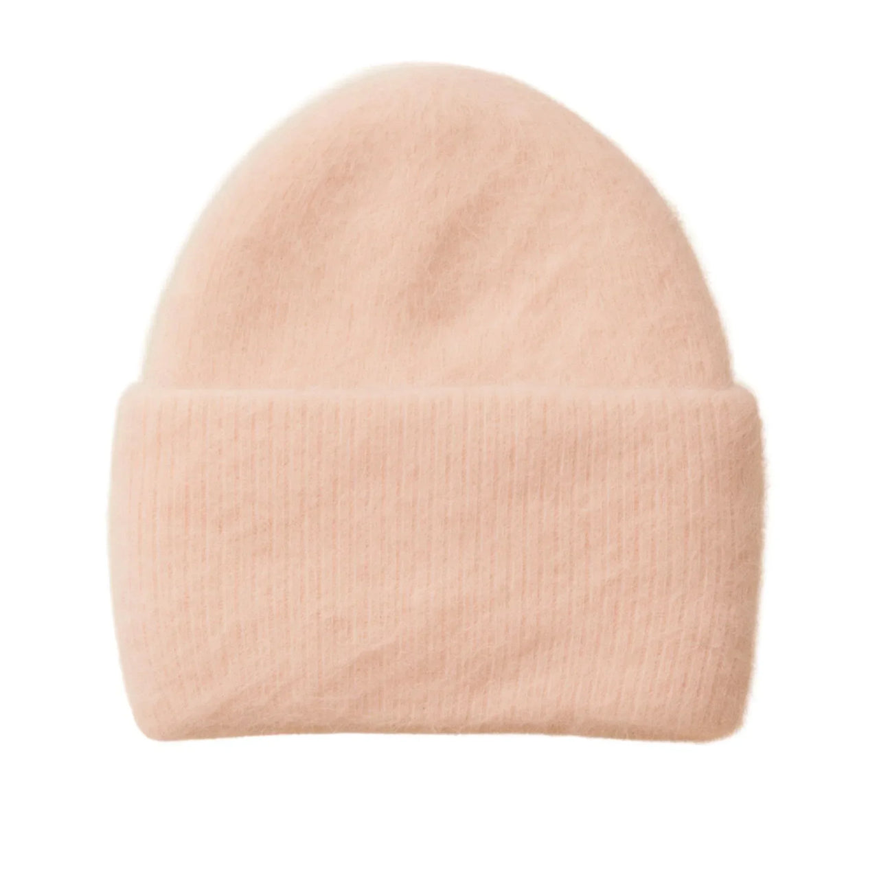 Light pink rabbit fur beanie hat on a white background