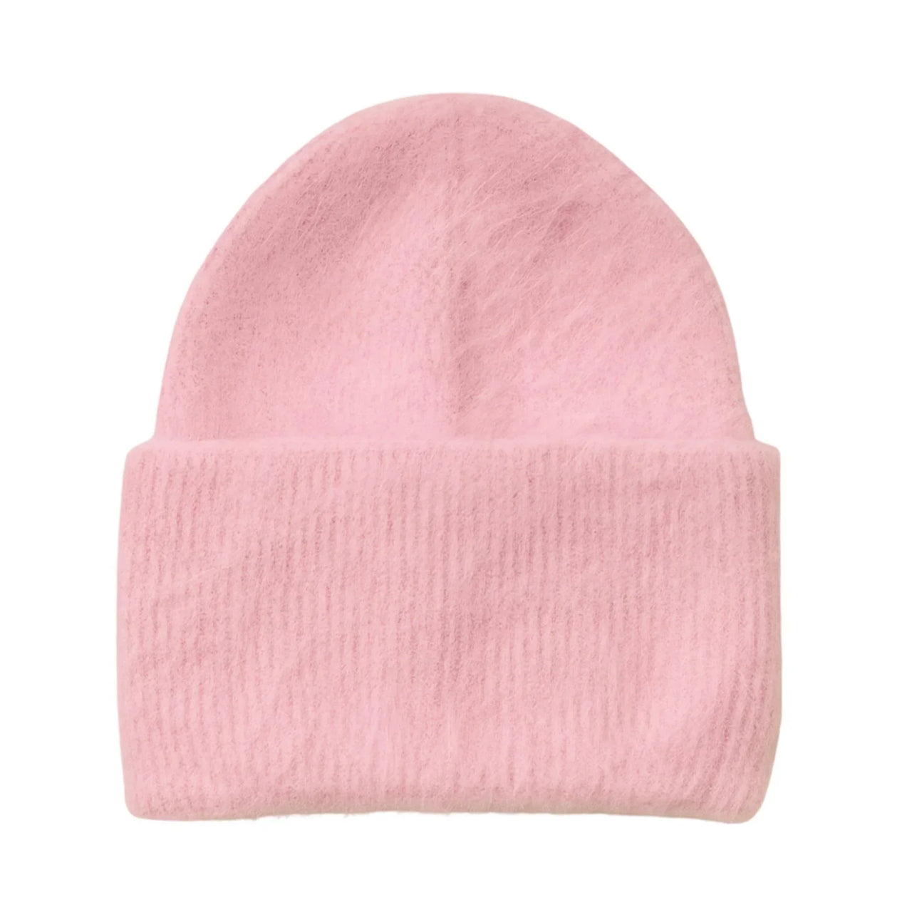 Pink rabbit fur beanie hat on a white background