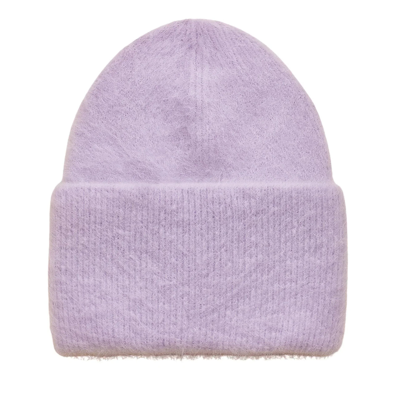 Purple rabbit fur beanie on a white background