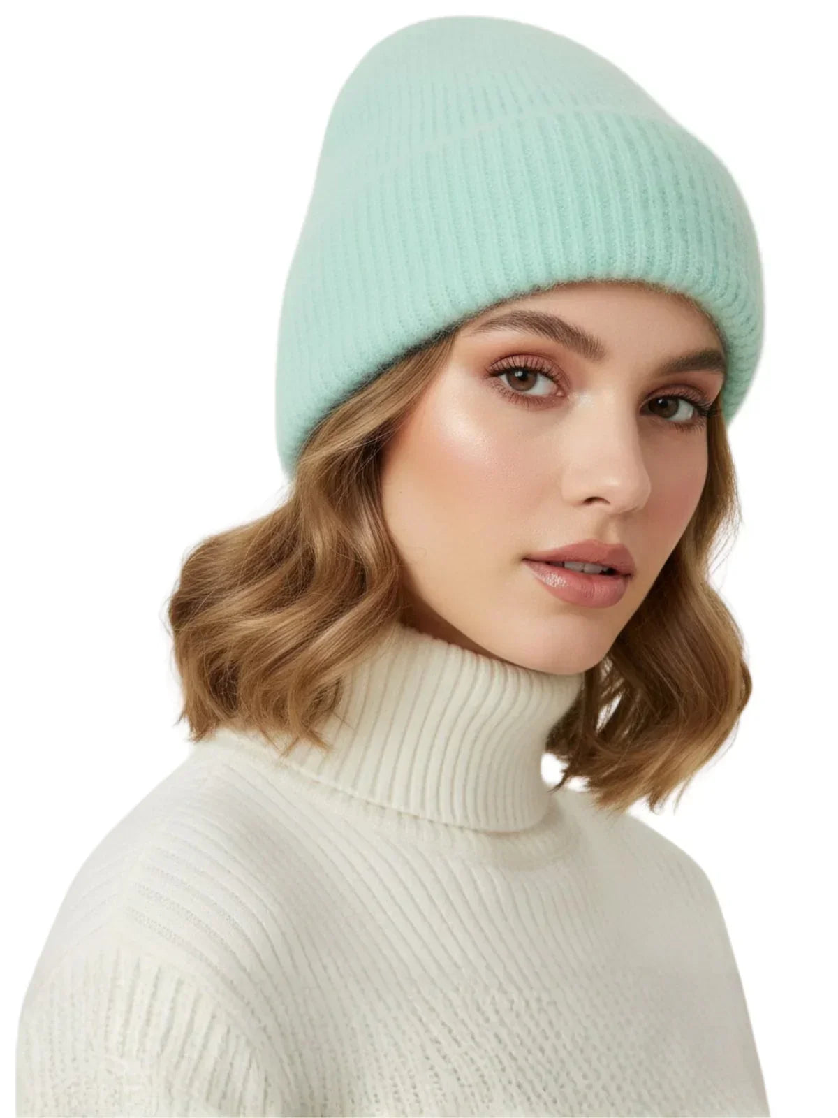 Winter Women's Rabbit Fur Hats Warm Long Rabbit Fur Hair Female Caps Fashion Solid Colors Wide Cuff Young Style Beanies