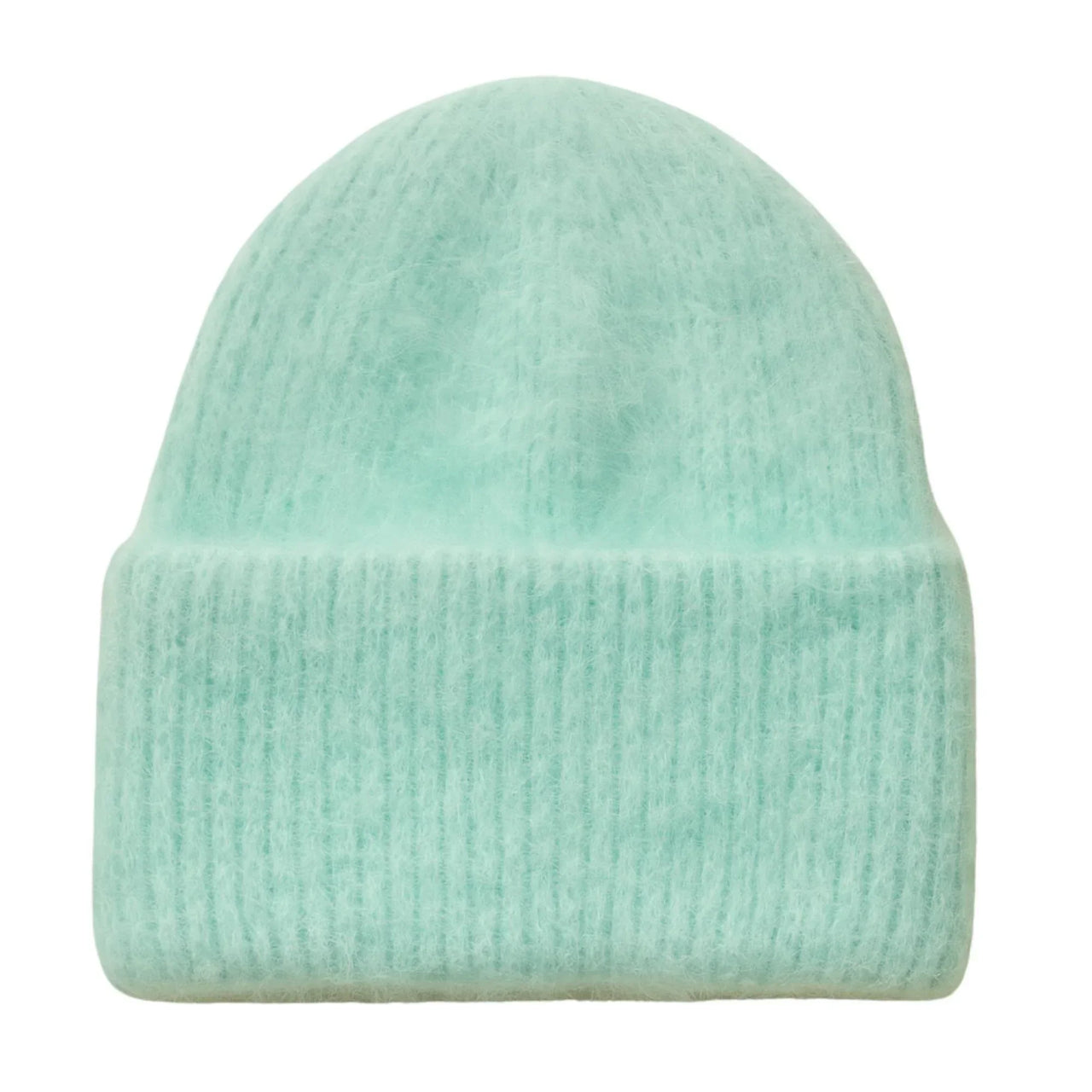 Light blue rabbit fur beanie on a white background