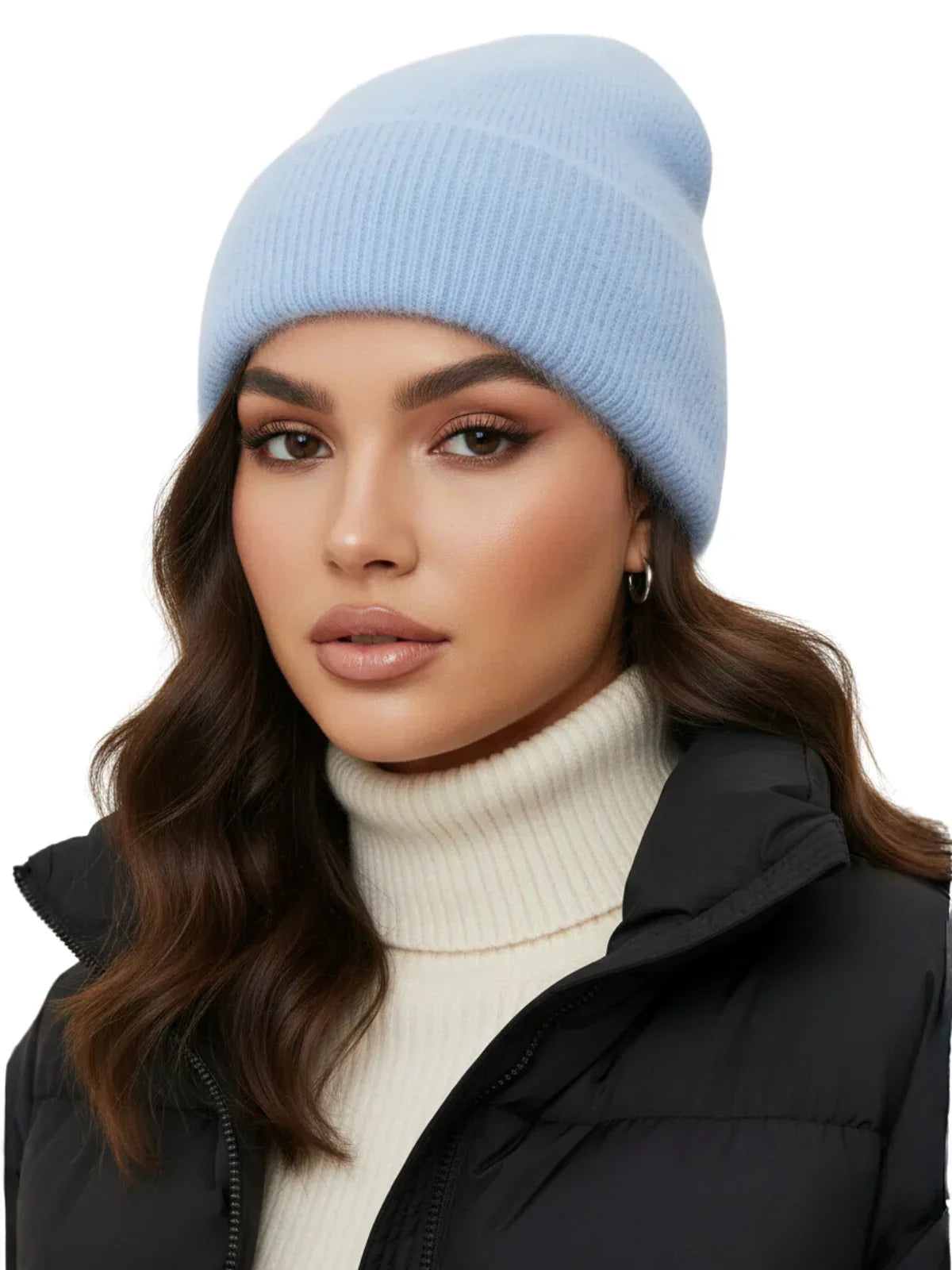 Winter Women's Rabbit Fur Hats Warm Long Rabbit Fur Hair Female Caps Fashion Solid Colors Wide Cuff Young Style Beanies