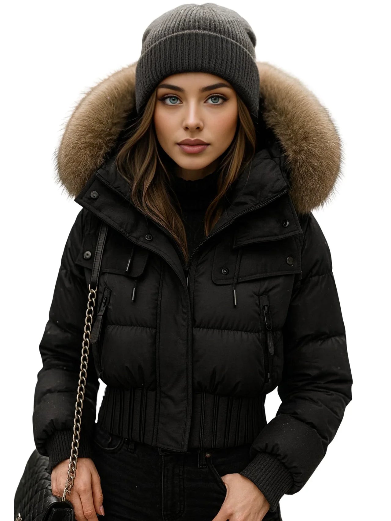 Woman wearing a black puffer jacket with a fur-lined hood on a white background