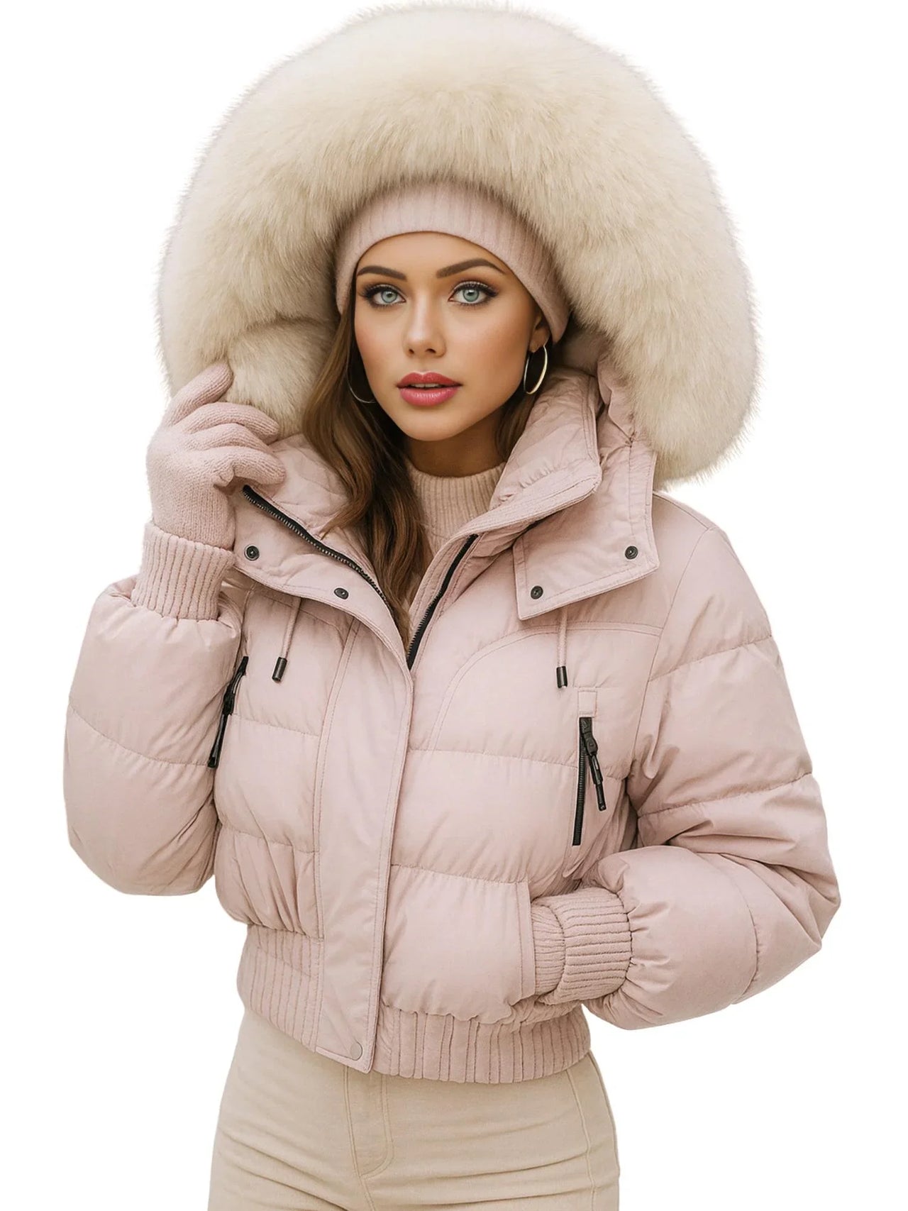 Woman wearing a pink puffer jacket with a large fur hood on a white background