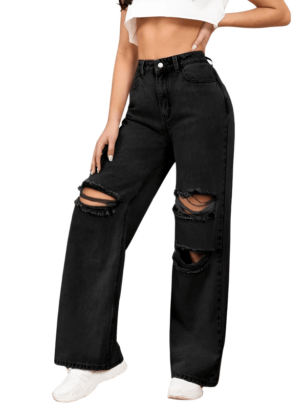 Drestiny-Women's Black Baggy Ripped Boyfriend Jeans