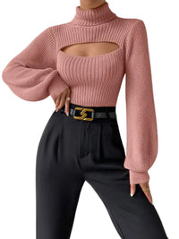 Thumbnail for Women's Cut-Out Turtleneck Sweater High Fashion Long Sleeves Tight Knit Tops Cut Out Sweater