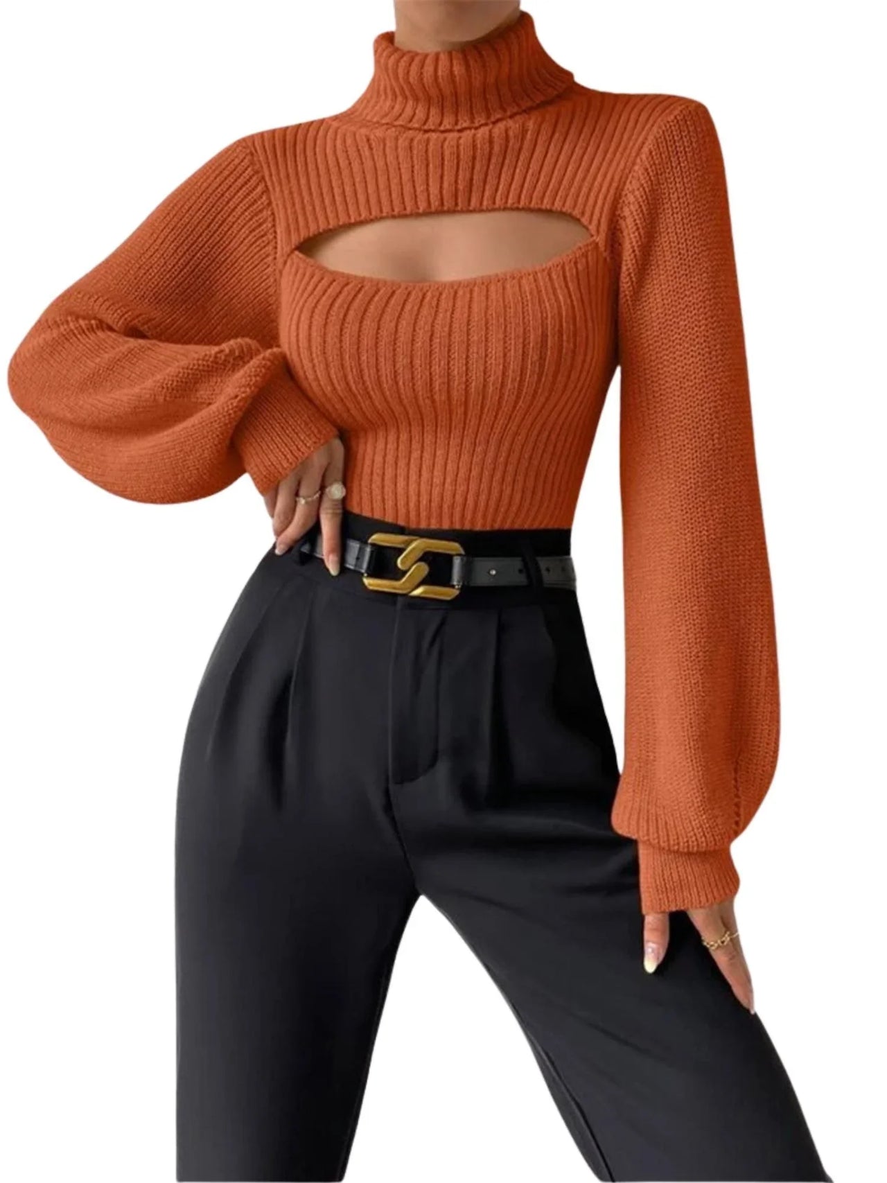 Women's Cut-Out Turtleneck Sweater High Fashion Long Sleeves Tight Knit Tops Cut Out Sweater