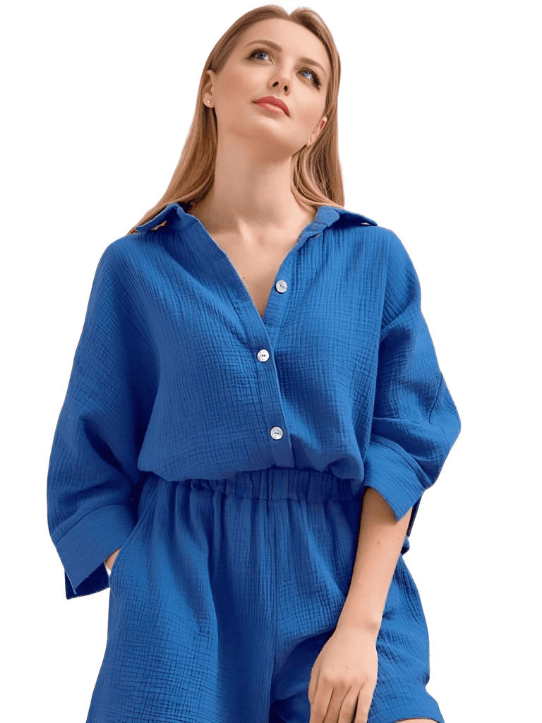 Experience ultimate relaxation in the Women's 100% Cotton Long Sleeve Blue Pajama Set. Shop at Drestiny to enjoy free shipping and let us take care of the taxes. Save up to 50% off now! As seen on FOX, NBC, and CBS.