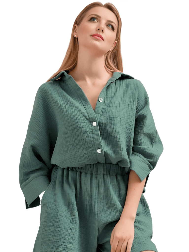 Experience ultimate relaxation in the Women's 100% Cotton Long Sleeve Green Pajama Set. Shop at Drestiny to enjoy free shipping and let us take care of the taxes. Save up to 50% off now! As seen on FOX, NBC, and CBS.