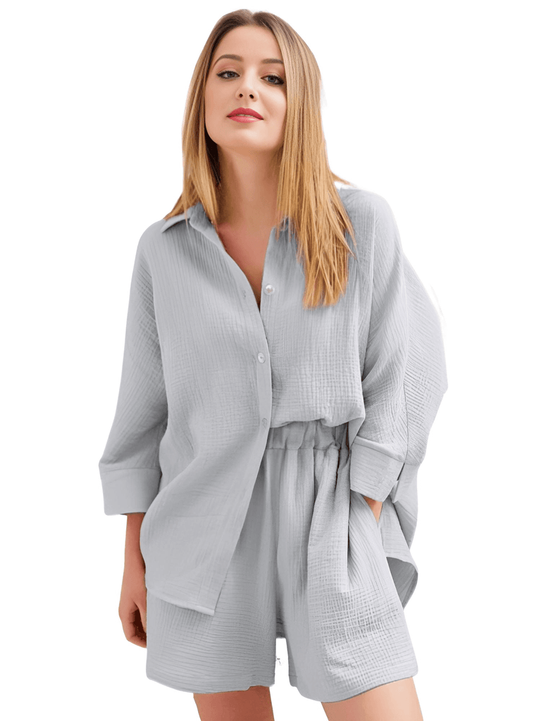 Experience ultimate relaxation in the Women's 100% Cotton Long Sleeve Grey Pajama Set. Shop at Drestiny to enjoy free shipping and let us take care of the taxes. Save up to 50% off now! As seen on FOX, NBC, and CBS.