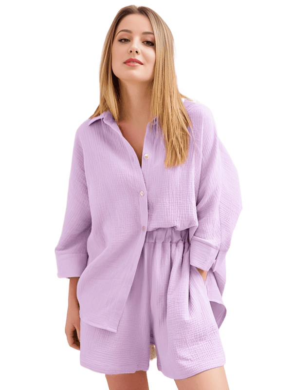 Experience ultimate relaxation in the Women's 100% Cotton Long Sleeve Purple Pajama Set. Shop at Drestiny to enjoy free shipping and let us take care of the taxes. Save up to 50% off now! As seen on FOX, NBC, and CBS.