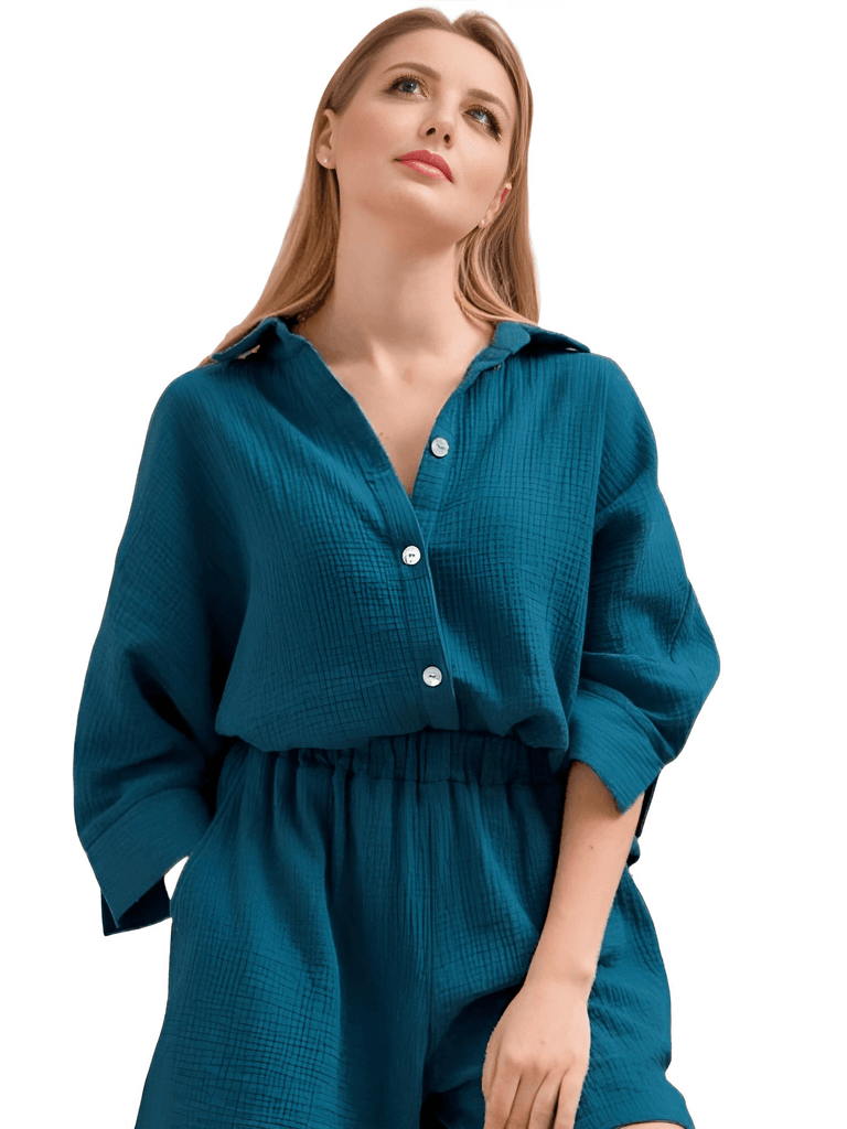 Experience ultimate relaxation in the Women's 100% Cotton Long Sleeve Pajama Set. Shop at Drestiny to enjoy free shipping and let us take care of the taxes. Save up to 50% off now! As seen on FOX, NBC, and CBS.