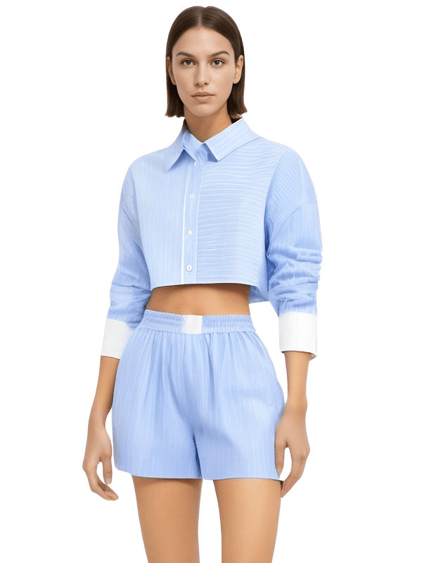 Get ready to rock the latest fashion trend with the Women's 2-Piece Fashion Stripe Shirt + Casual Shorts Set! Shop now at Drestiny and enjoy free shipping, plus we'll cover the tax! Don't miss out on saving up to 50% off on Women's Sets!