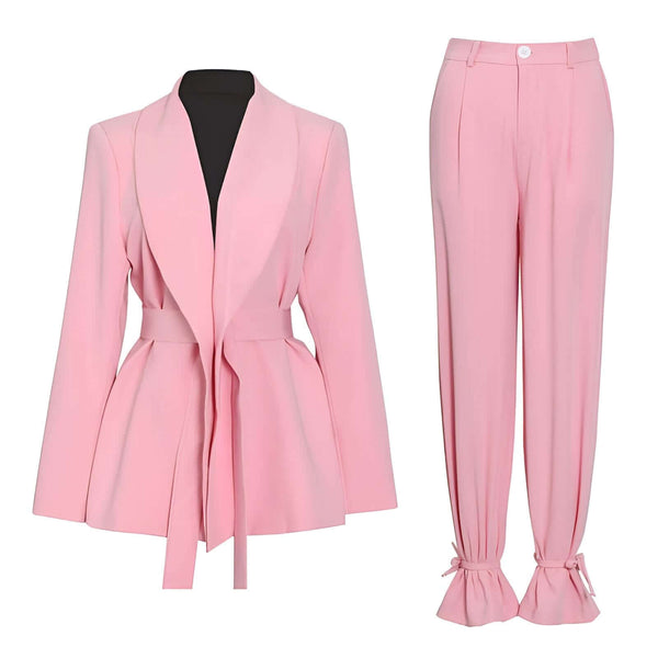 Complete your outfit with a trendy pink belted blazer and pink high waist pants set. Shop now at Drestiny for up to 50% off, plus free shipping and tax covered!