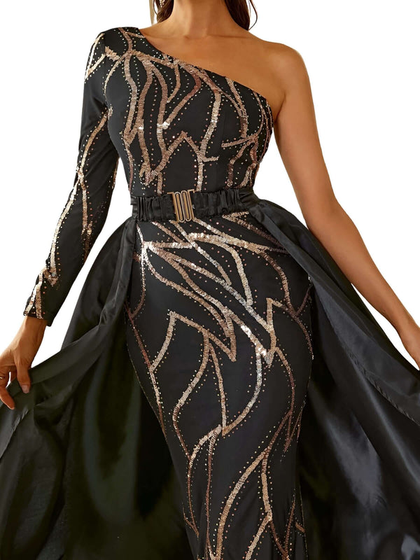Women's Contrast Sequin One Shoulder Mermaid Hem Black & Gold Formal Dress