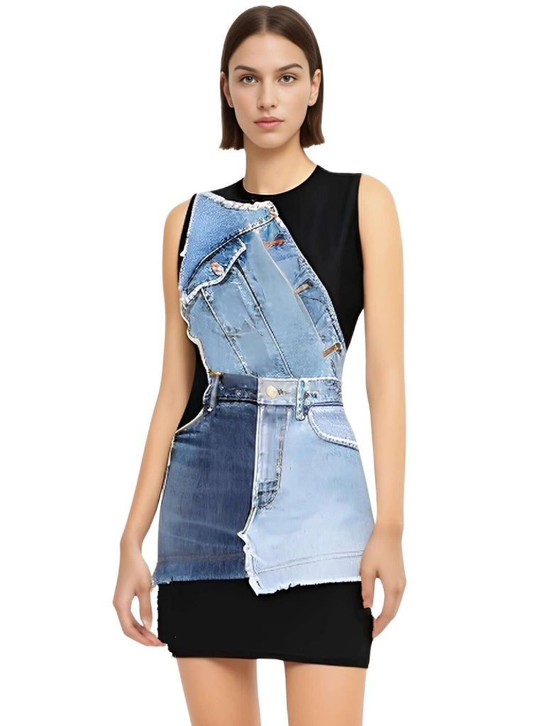 Trendy women's blue denim patchwork dress available at Drestiny. Free shipping and tax covered! Save up to 50% on women's clothing.