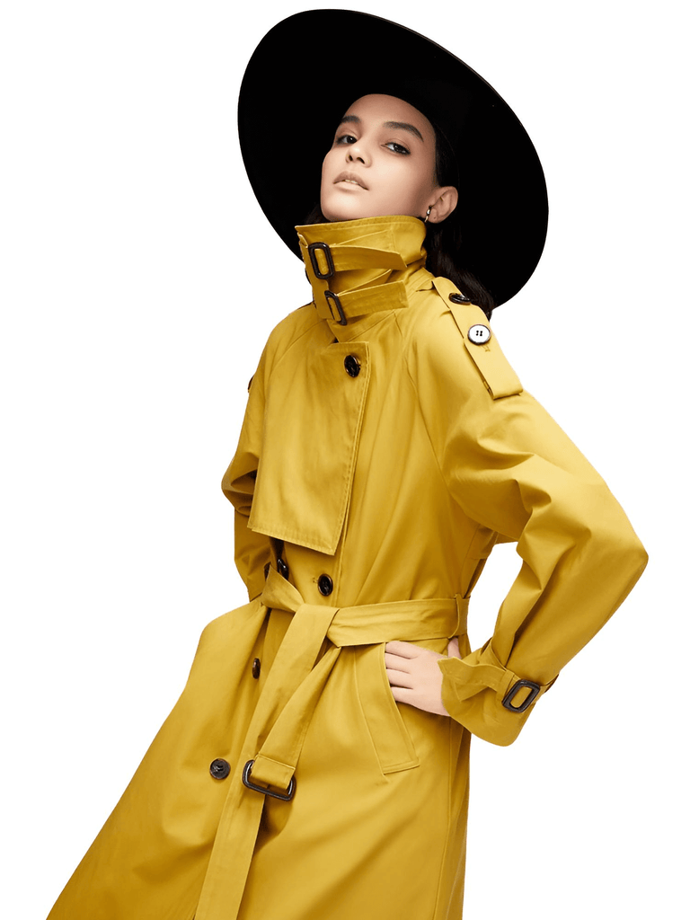 Women's Double Breasted Long Trench Coat - Yellow