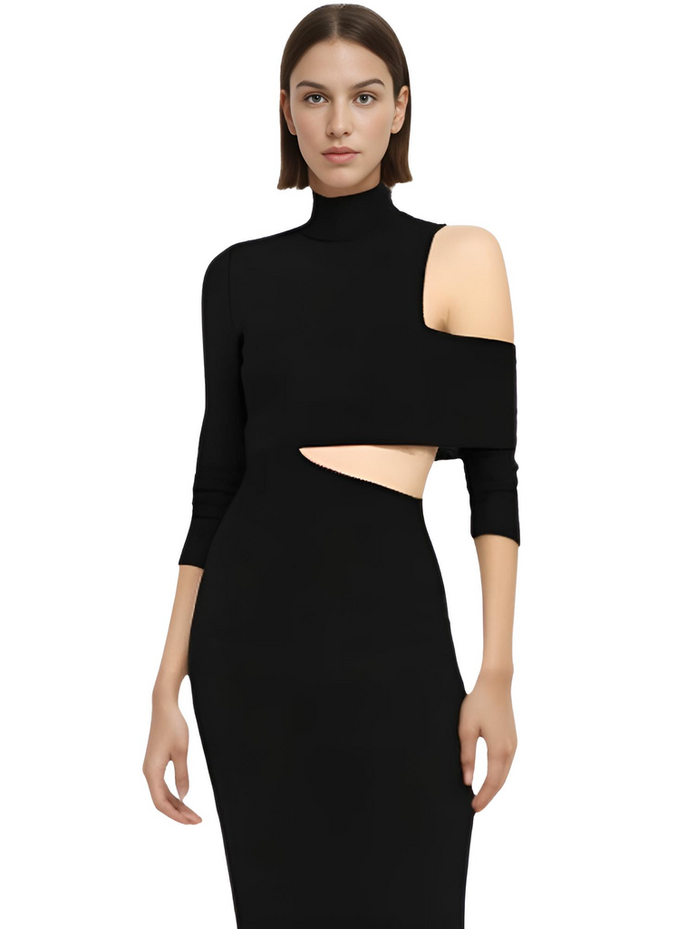 Shop Drestiny for an elegant black dress with long sleeves, high split, and mid-calf length. Save up to 50% off for a limited time. Free shipping + tax covered! As seen on FOX/NBC/CBS.