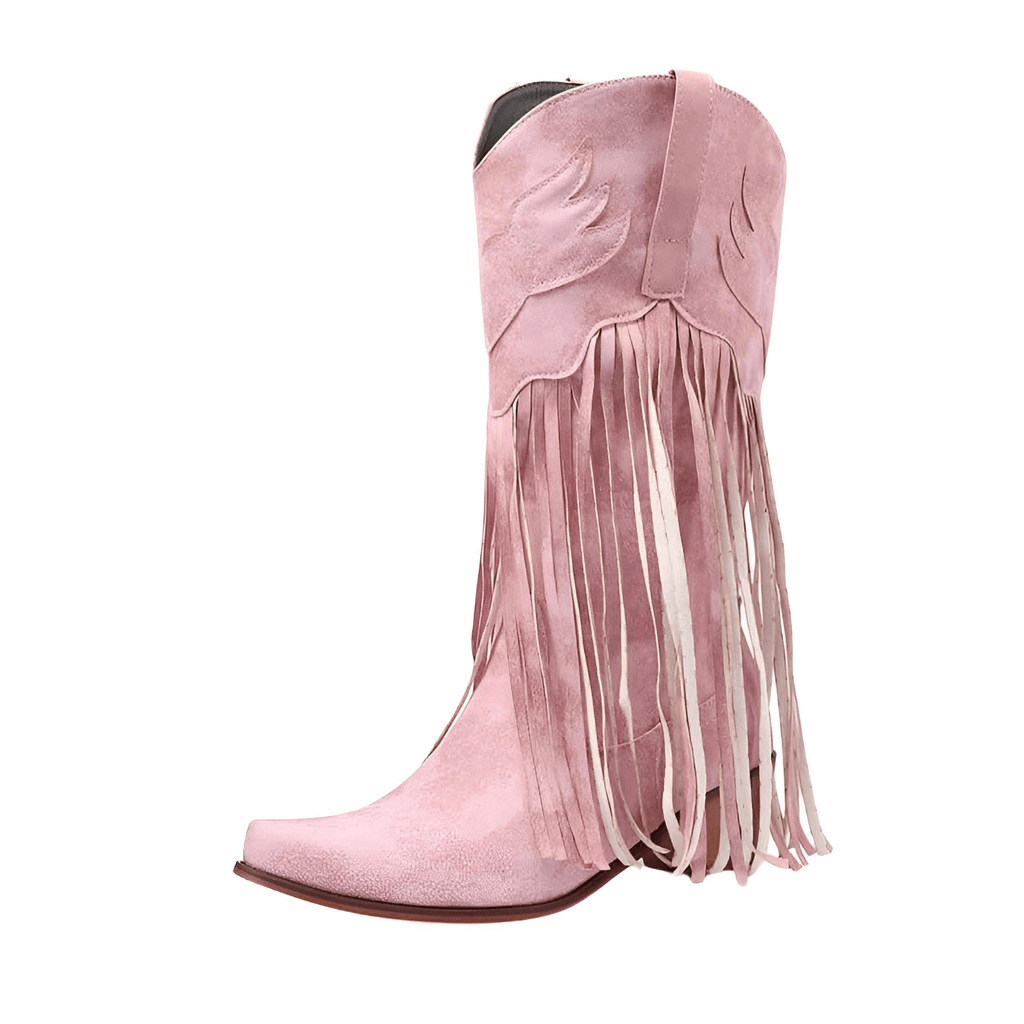 Step out in style with Women's Embroidered Tassel Mid-Calf Pink Western Boots at Drestiny. Save up to 50% for a limited time only!