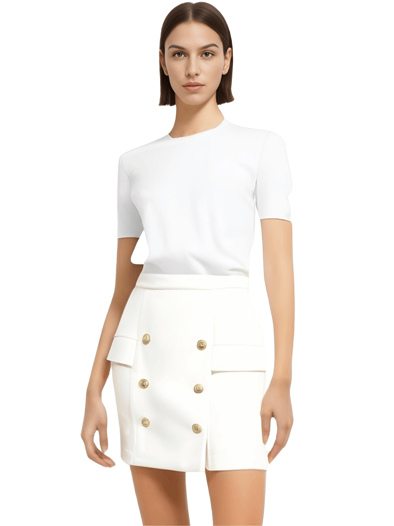 Turn heads in the chic Women's Gold Button Embellished White Mini Skirt. Get free shipping and tax covered when you shop at Drestiny. Save up to 50%!