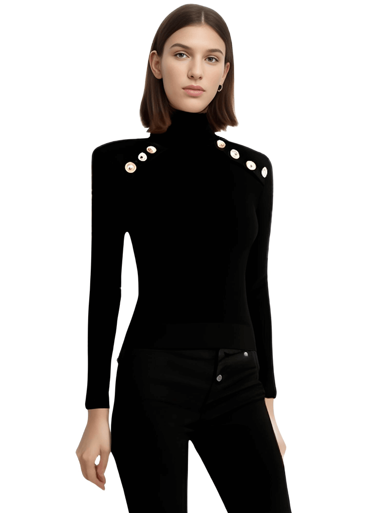 Stylish women's black turtleneck with gold buttons. Shop Drestiny for free shipping and tax covered. Save up to 50%!