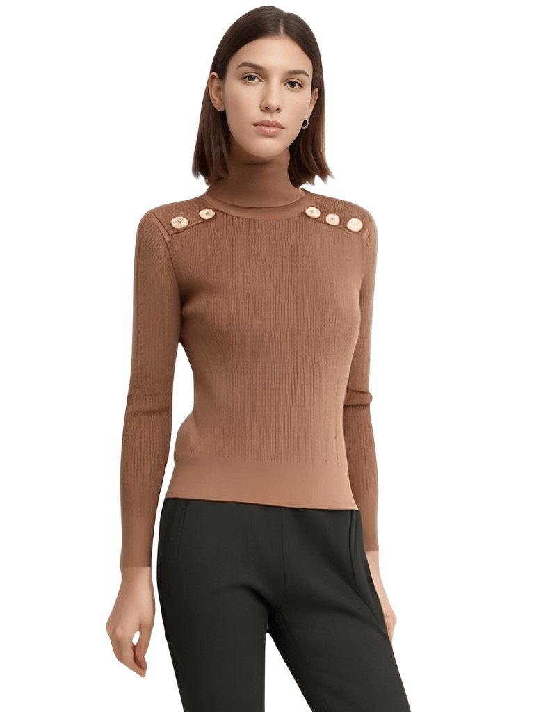 Stylish women's brown turtleneck with gold buttons. Shop Drestiny for free shipping and tax covered. Save up to 50%!