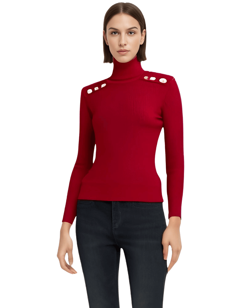 Stylish women's red turtleneck with gold buttons. Shop Drestiny for free shipping and tax covered. Save up to 50%!