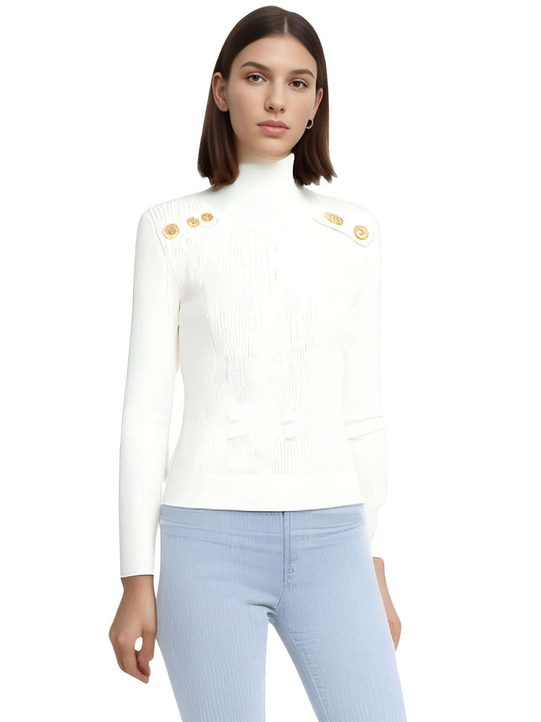 Stylish women's white turtleneck with gold buttons. Shop Drestiny for free shipping and tax covered. Save up to 50%!