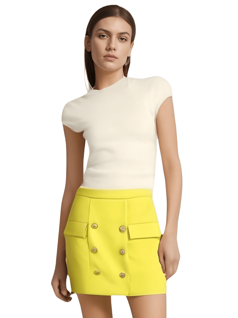 Stand out in this trendy Women's High Fashion Double Breasted Yellow Mini Skirt. Shop now at Drestiny to enjoy free shipping and tax covered by us!