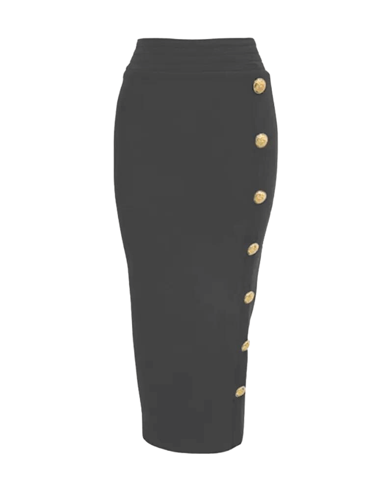 Women's High Waist Bandage Dark Grey Pencil Skirt with Gold Buttons