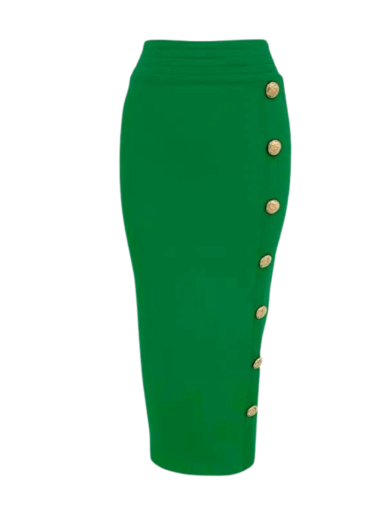 Women's High Waist Bandage Green Pencil Skirt with Gold Buttons