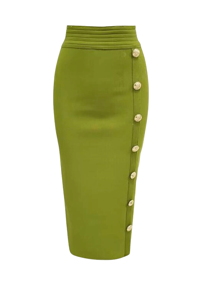 Women's High Waist Bandage Olive Green Pencil Skirt with Gold Buttons