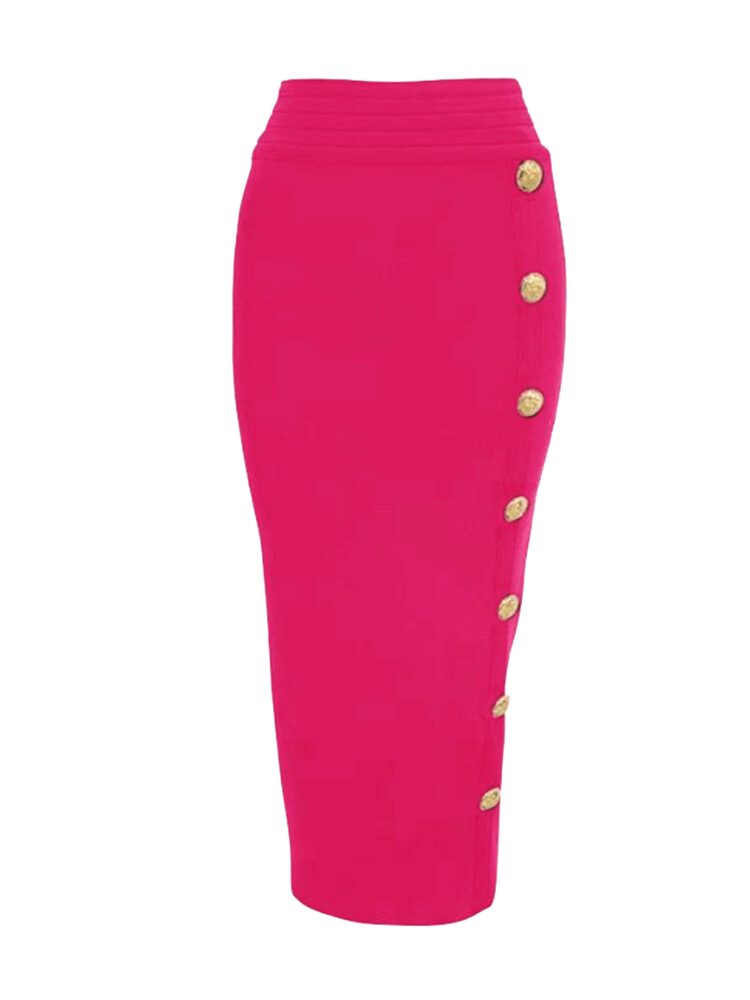 Women's High Waist Bandage Deep Pink Pencil Skirt with Gold Buttons