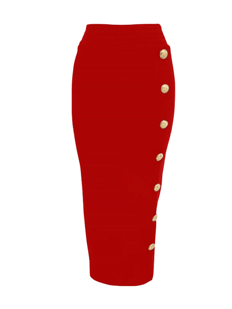 Women's High Waist Bandage Red Pencil Skirt with Gold Buttons
